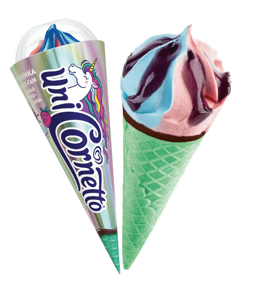 Мороженое CORNETTO "Единорог" молочное со вкусом клубника, Bubble Gum, чёрная смородина 73 г 5%